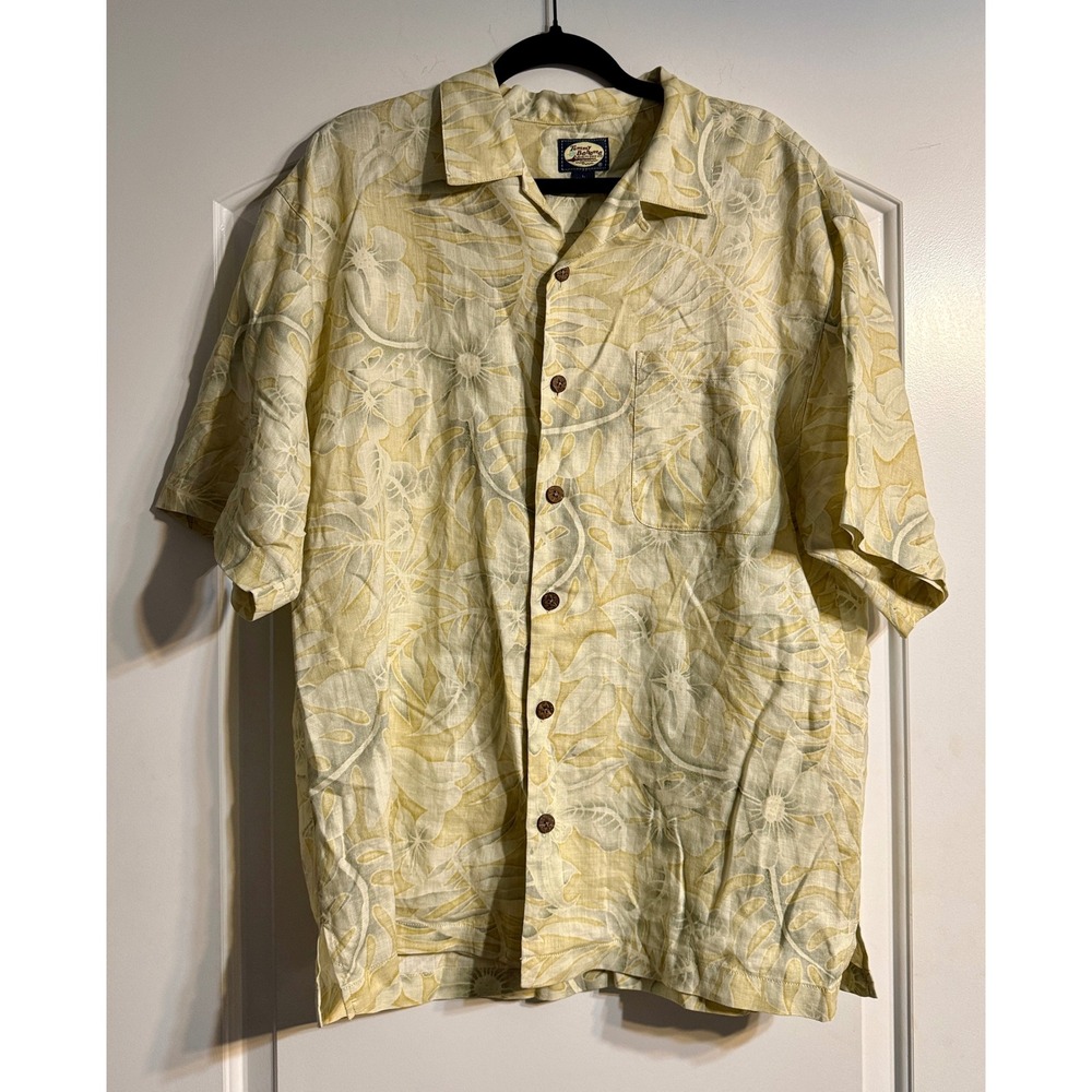 Tommy Bahama Button‎ Up Shirt Large Cream Linen Tropical Floral Short Sleeve